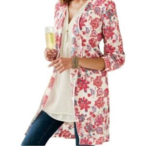 Soft Surroundings Pink Floral Cross Stitch Sweater Cardigan Kimono Womens Size 3